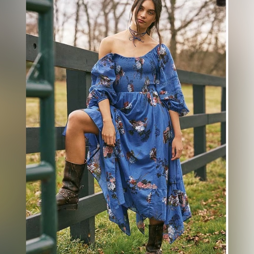 Free People Morning Glory Floral Smocked 3/4 Sleeve Asymmetrical Maxi Dress S